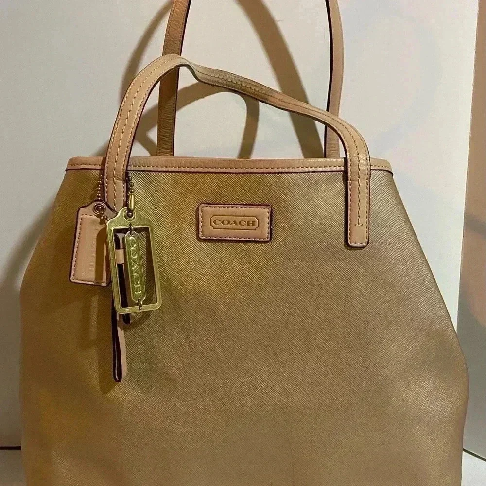 Coach gold metallic leather tote handbag